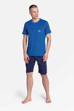 Men Pajama Shorts Set –Breathable Striped - Navy - Guocali