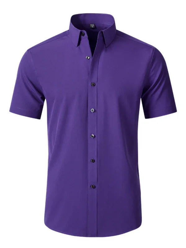 Men Short Sleeves Button-Down Regular Fit Dress Shirt – Wrinkle-Resistant - Purple -Guocali