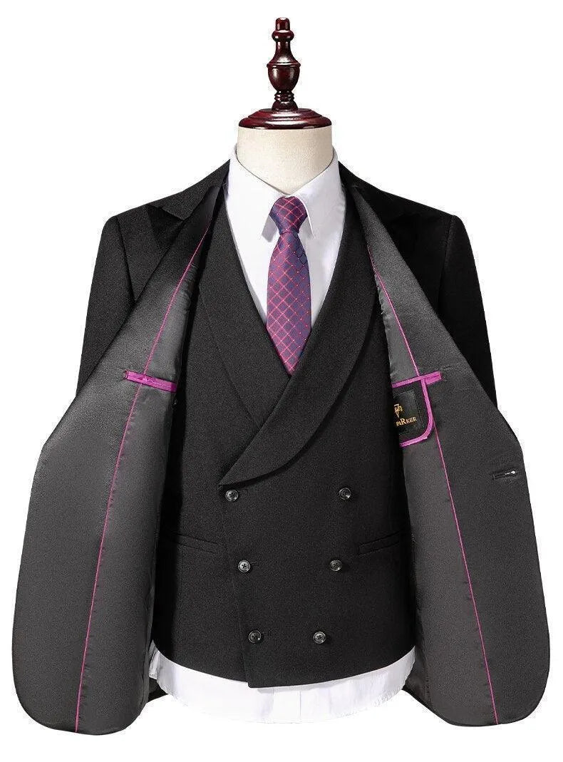 Men's black 3-piece tuxedo suit on mannequin with purple tie and pink lining