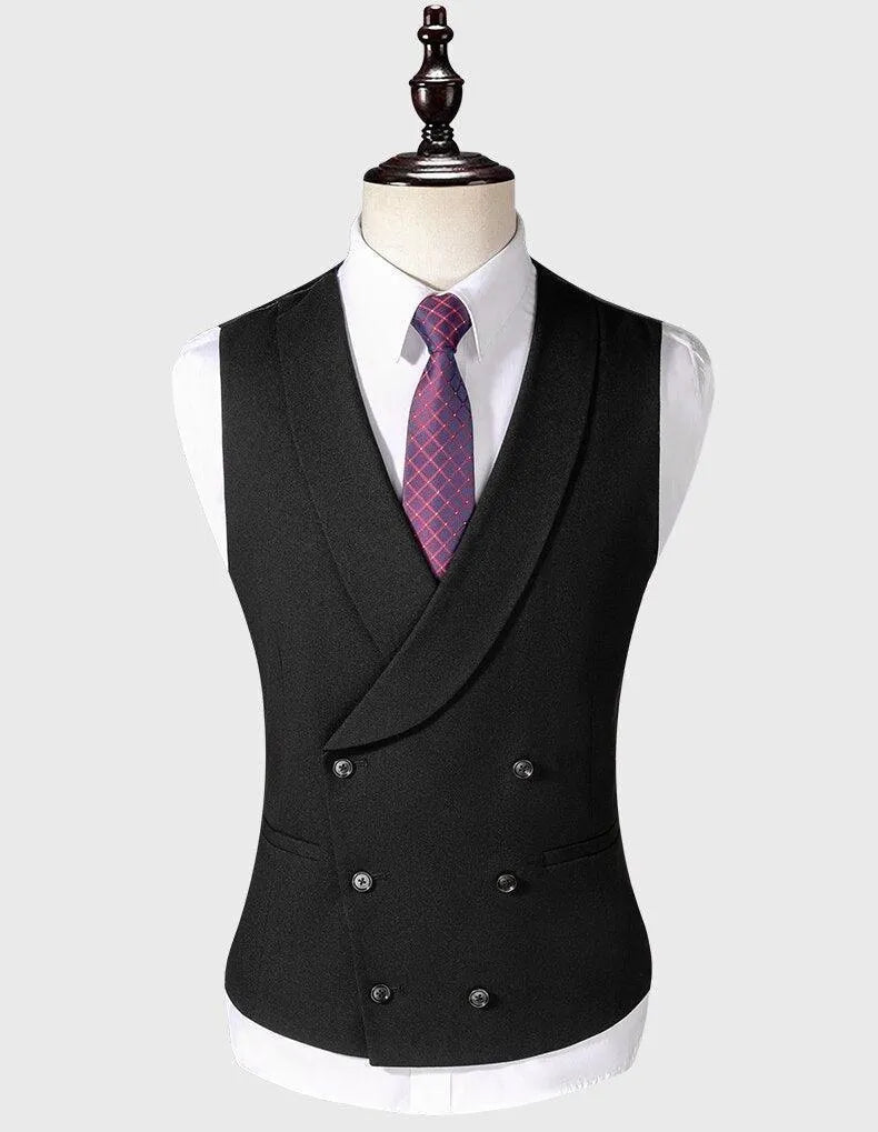Black men's tuxedo vest with double-breasted buttons, white shirt, and purple tie on mannequin
