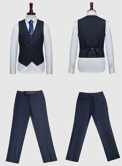 Men's blue pinstripe three-piece suit vest and pants set on white background
