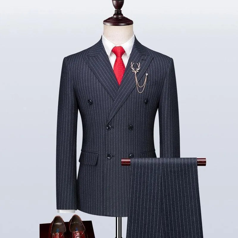 Men’s striped three-piece suit with red tie, jacket, vest, pants, and dress shoes on mannequin