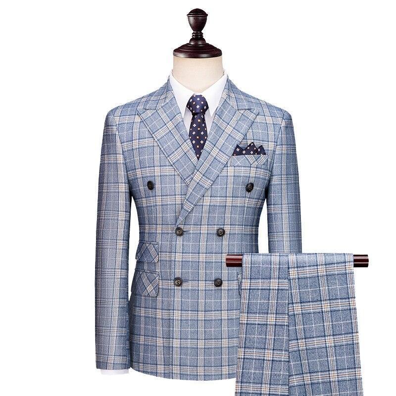 Men Suit - Blue-Grey Plaid Double-Breasted Suit - 3-Piece Suit - Guocali