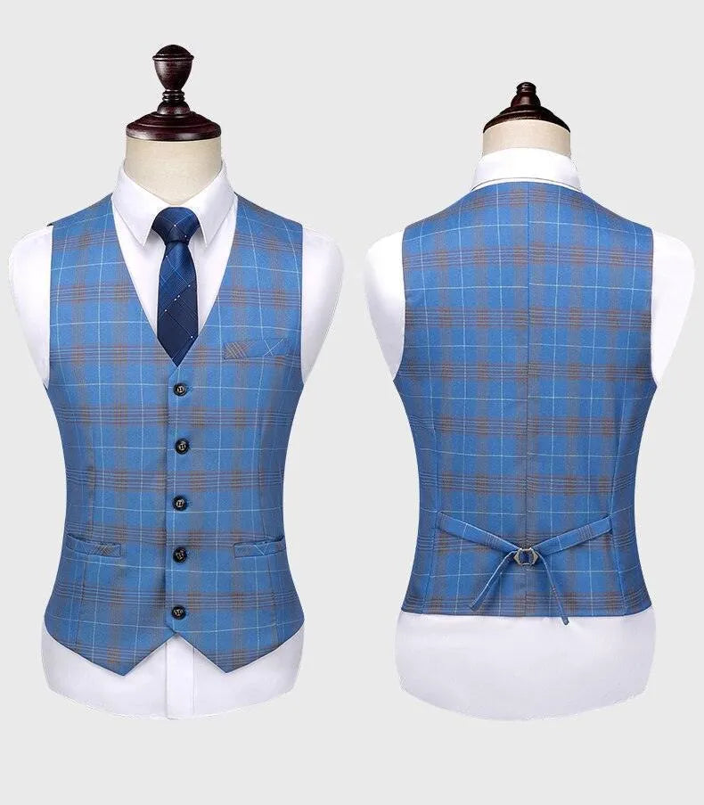 Blue plaid men's suit vest with tie, shown front and back on mannequin