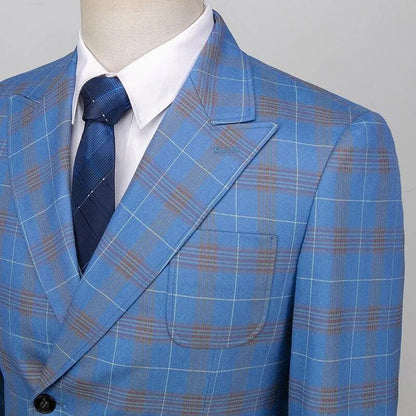 Blue plaid double-breasted men's suit with white shirt and navy tie