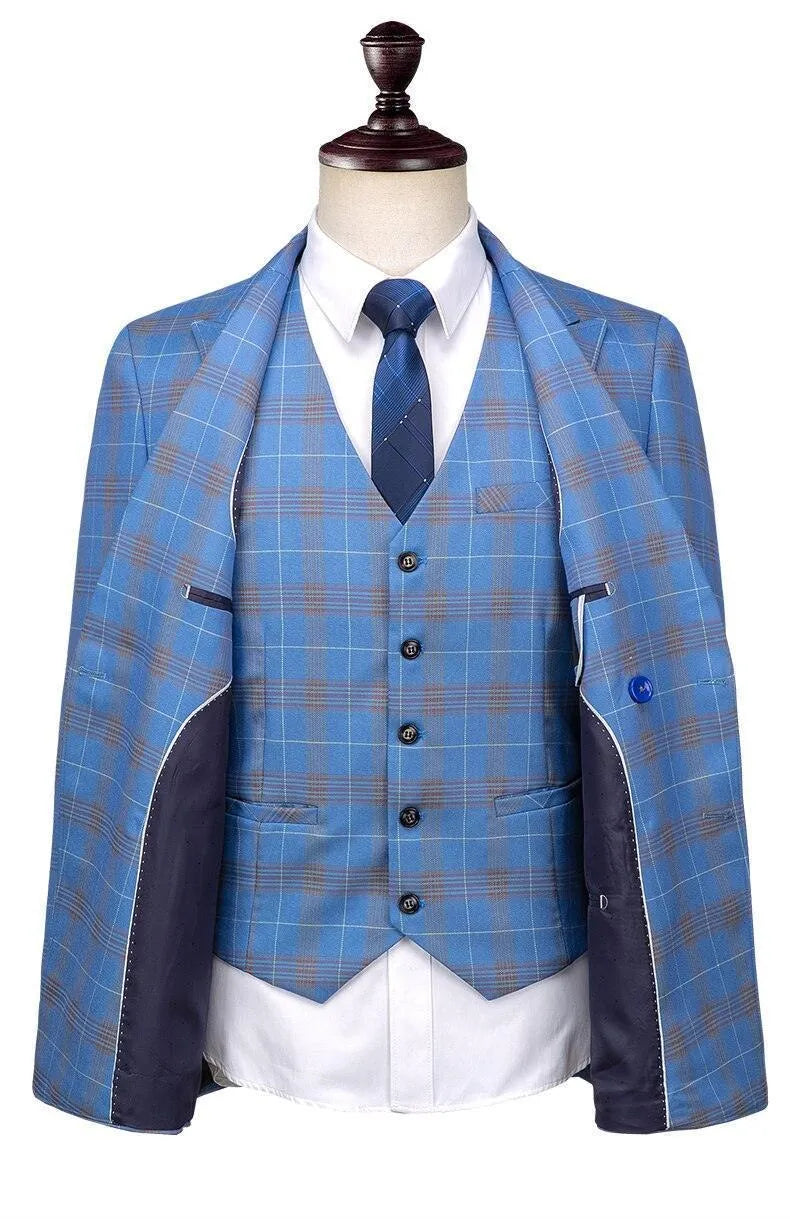 Blue plaid double-breasted men's suit with vest and tie on mannequin