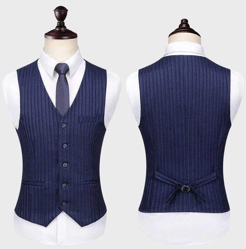Men's blue pinstripe suit vest front and back on display mannequin