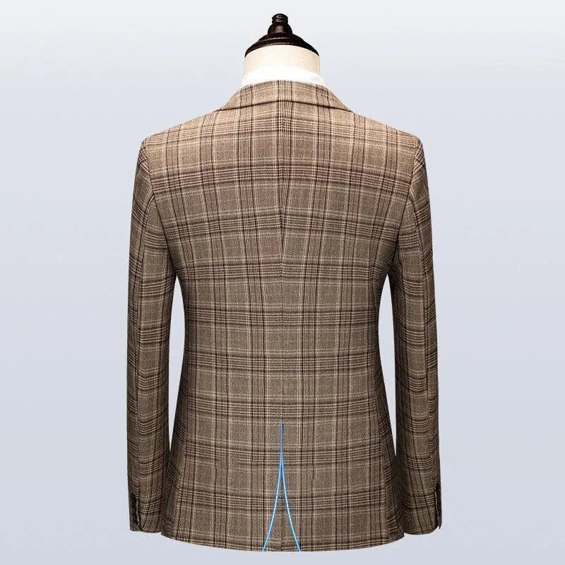 Back view of brown plaid men's suit jacket on mannequin, Boglioli three-piece suit