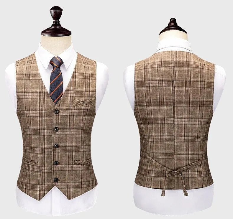 Brown plaid men's suit vest front and back on mannequin, with white shirt and striped tie