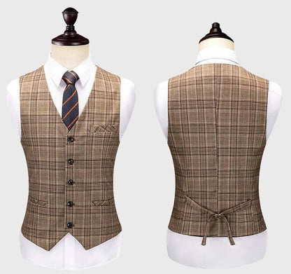 Brown plaid men's suit vest front and back on mannequin, with white shirt and striped tie