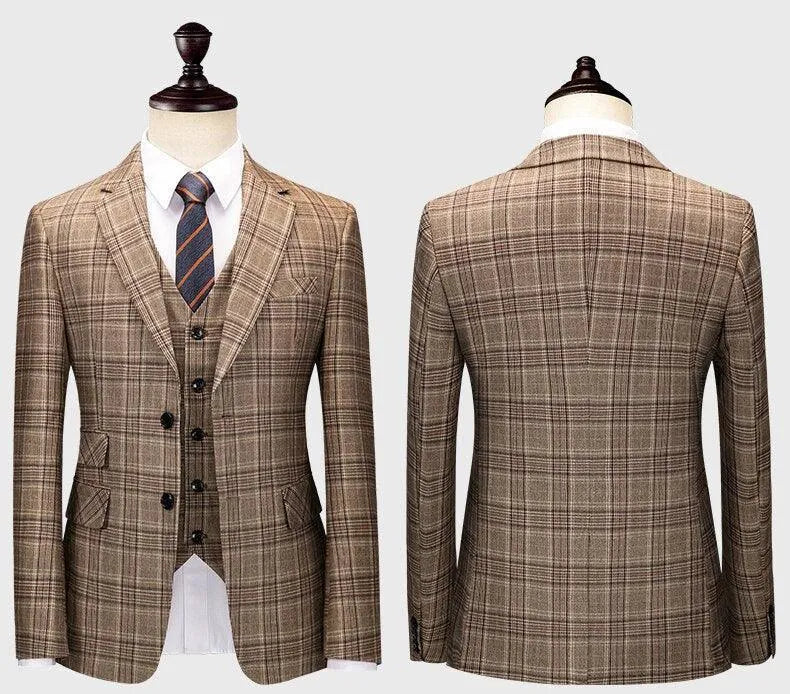 Men's brown plaid three-piece suit with notch lapel, vest, and striped tie, front and back view
