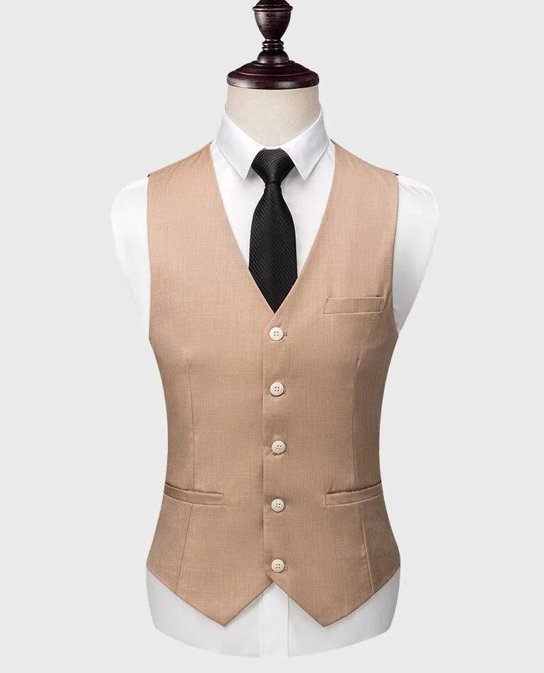 Camel three-piece men's suit vest with white shirt and black tie on mannequin