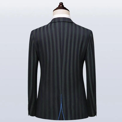 Back view of men's Caruso striped suit jacket on mannequin, dark fabric, classic fit