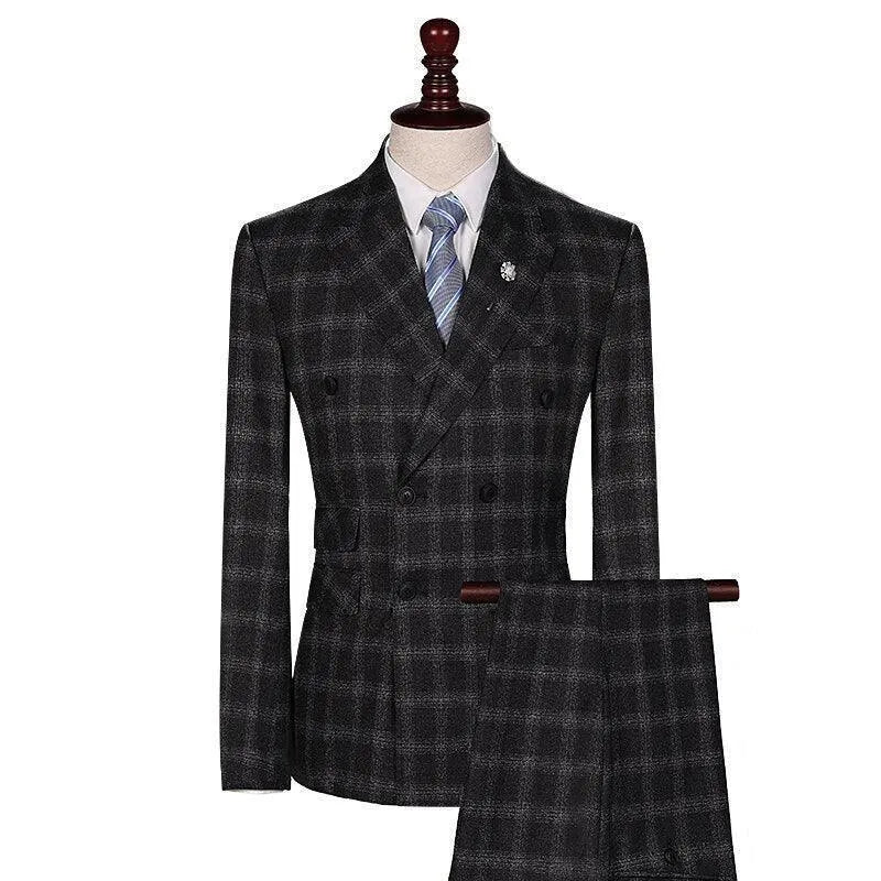 Men's Crawford plaid 3-piece suit set in dark gray check pattern with blue tie on mannequin