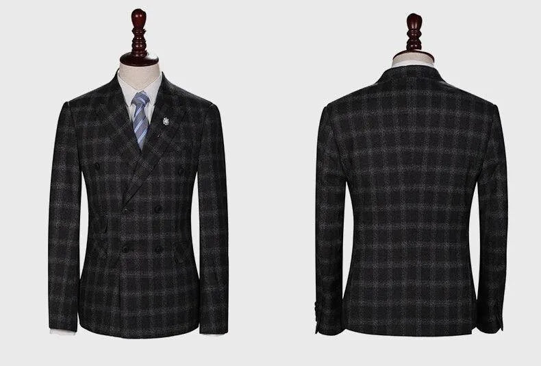 Men’s plaid 3-piece suit jacket in dark tones, front and back on mannequin