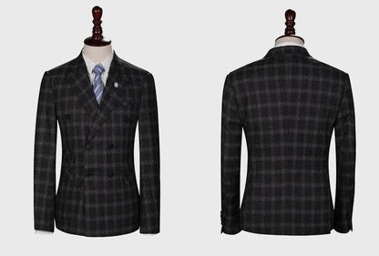 Men’s plaid 3-piece suit jacket in dark tones, front and back on mannequin