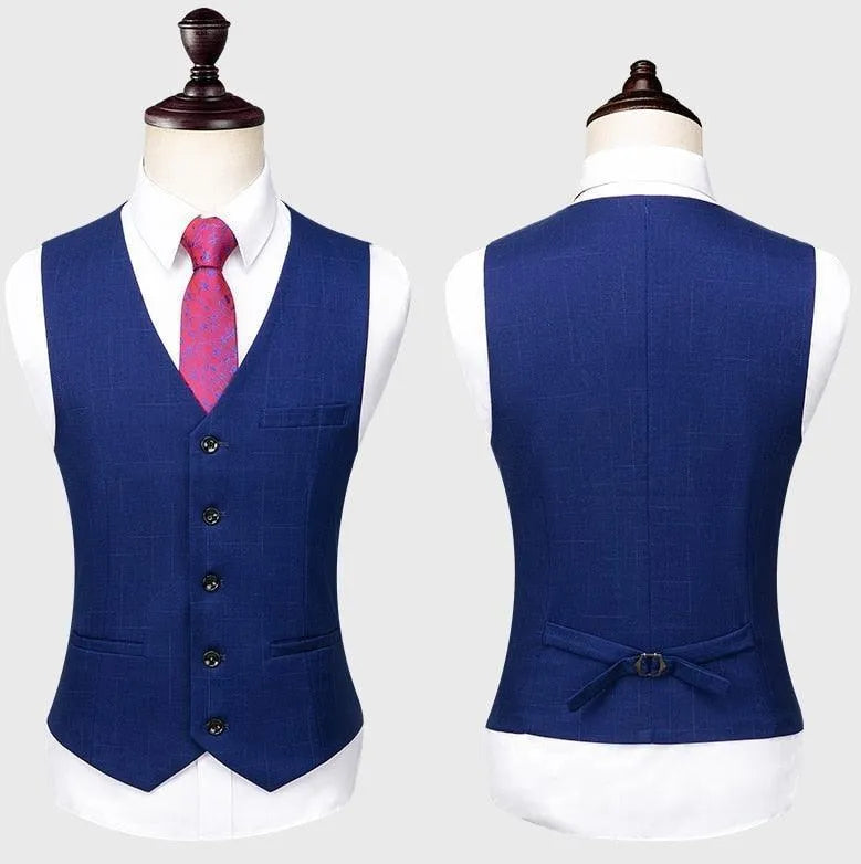 Men's blue suit vest with buttons, pink tie, and white shirt, shown front and back