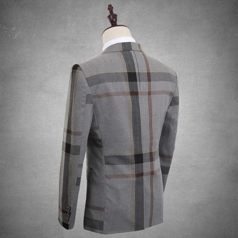 Gray plaid men's suit jacket on mannequin, back view, tailored formal wear