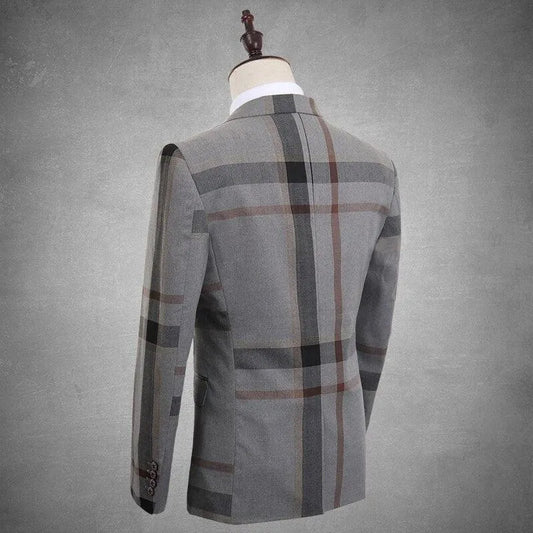 Gray plaid men's suit jacket on mannequin, back view, tailored formal wear