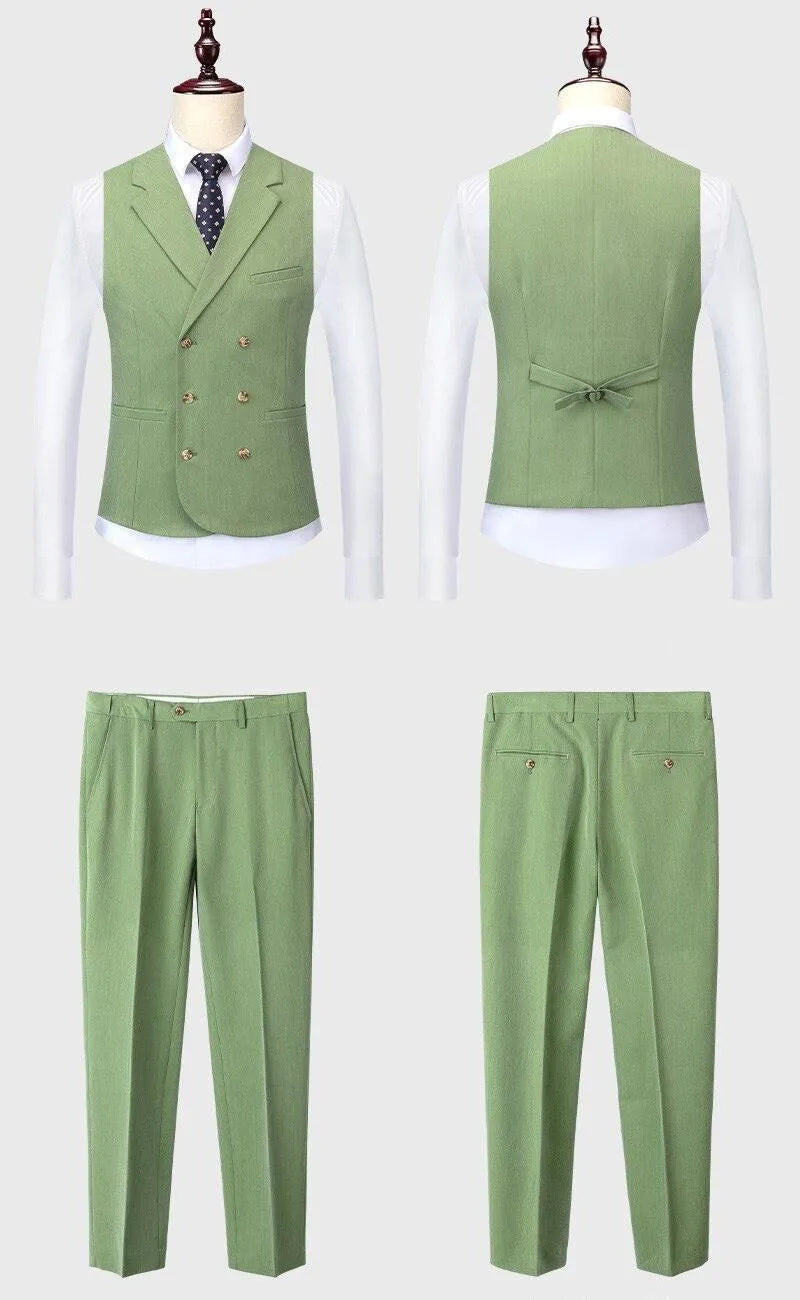 Men's green three-piece suit, dress shirt, vest, and trousers on mannequin, formal wear