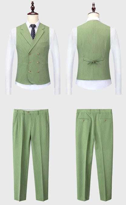 Men's green three-piece suit, dress shirt, vest, and trousers on mannequin, formal wear