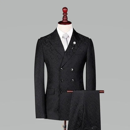 Men's black jacquard double-breasted suit with white shirt and tie on mannequin