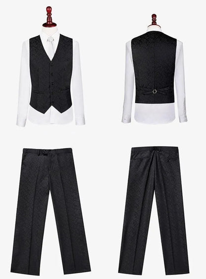 Men's jacquard black vest and pants set, front and back, on white background