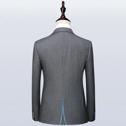 Back view of gray pinstripe men's suit jacket on mannequin