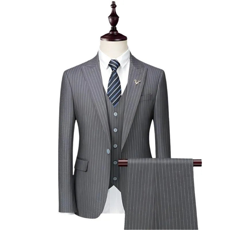 Gray pinstripe men's 3-piece suit with vest, jacket, and striped tie on mannequin