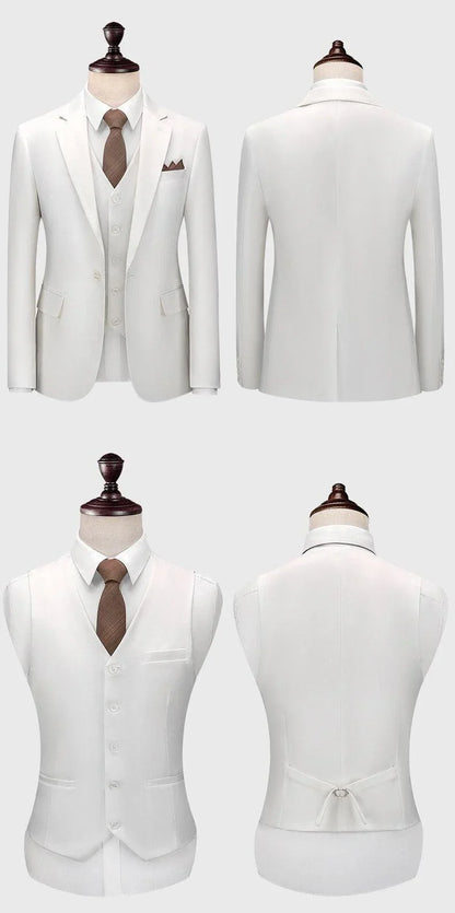 Men's white 3-piece wedding suit with vest, blazer, and brown tie on mannequin