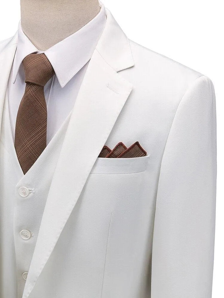 Men's white three-piece wedding suit with brown tie and pocket square