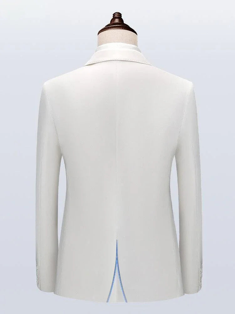 Back view of a men's white wedding suit jacket on mannequin, formal attire detail