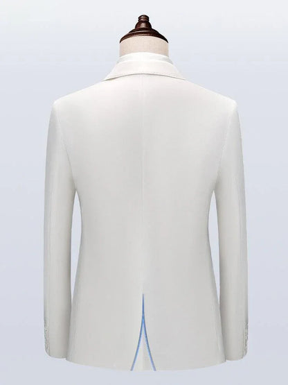 Back view of a men's white wedding suit jacket on mannequin, formal attire detail
