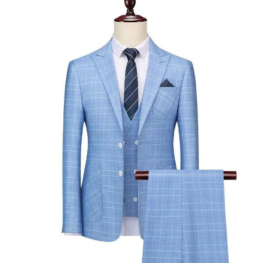 Light blue plaid three-piece men's suit with white shirt and striped tie on mannequin