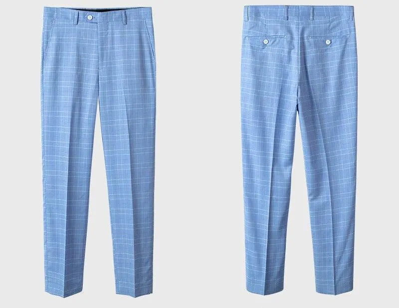 Light blue plaid men's dress pants front and back on white background