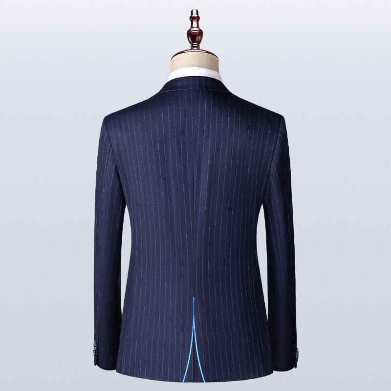 Men Suit - Navy Blue Striped 3-Piece Suit - 3-Piece Suit - Guocali