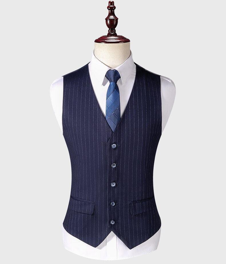 Men Suit - Navy Blue Striped 3-Piece Suit - 3-Piece Suit - Guocali