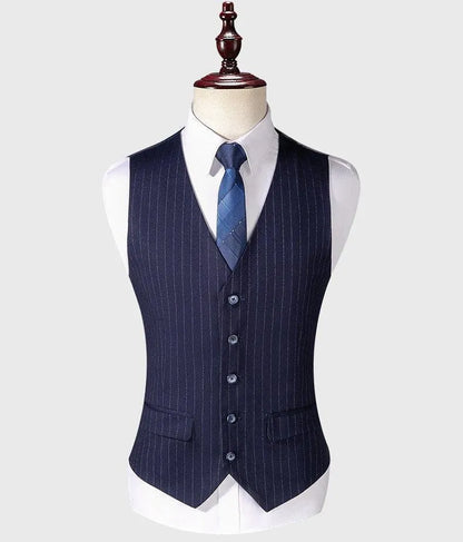 Navy blue pinstripe men's suit vest with matching blue tie on mannequin