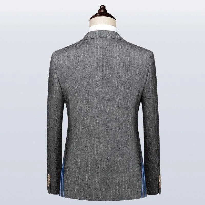 Back view of a gray pinstripe men's double-breasted suit jacket on mannequin