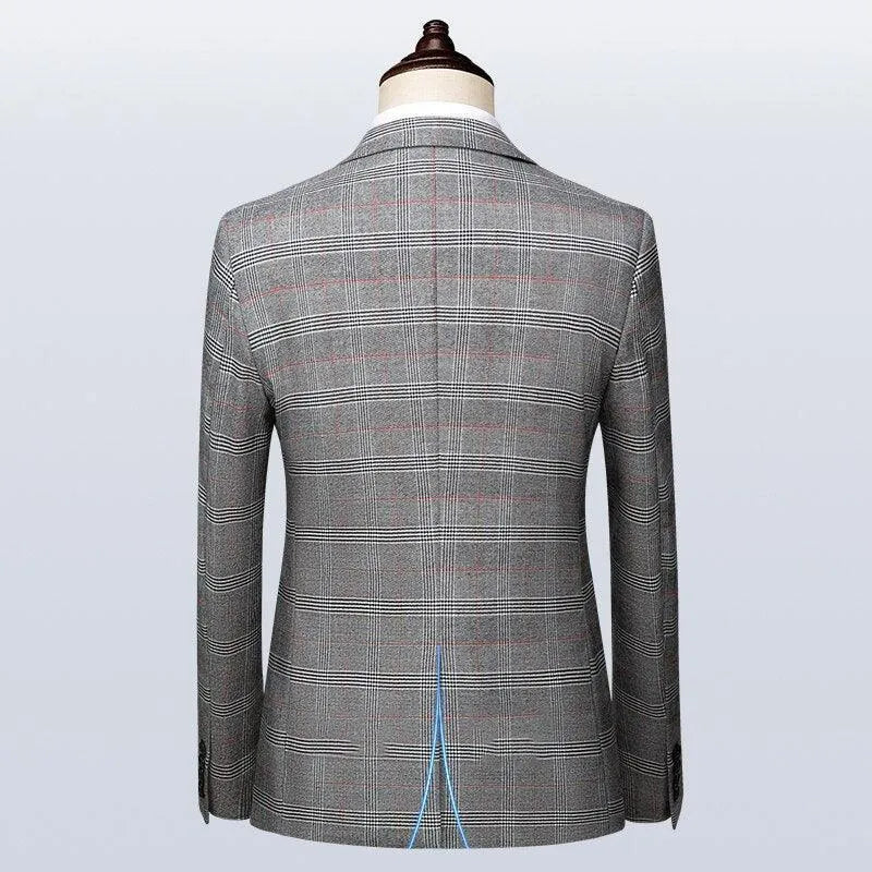 Back view of a gray plaid men's suit jacket on mannequin, classic tailored design
