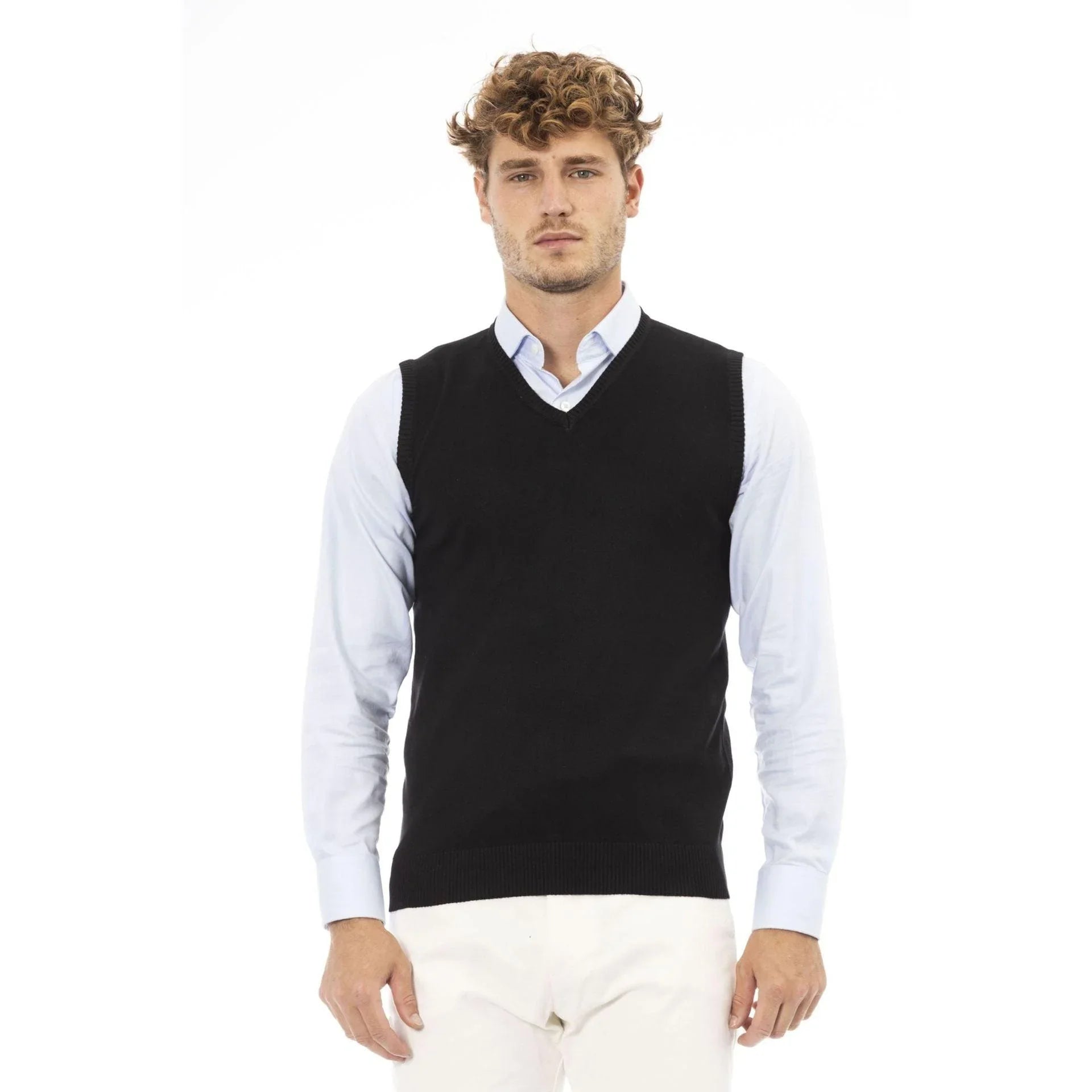 Men Sweater Vest - Lightweight - V-Neck Black -Guocali