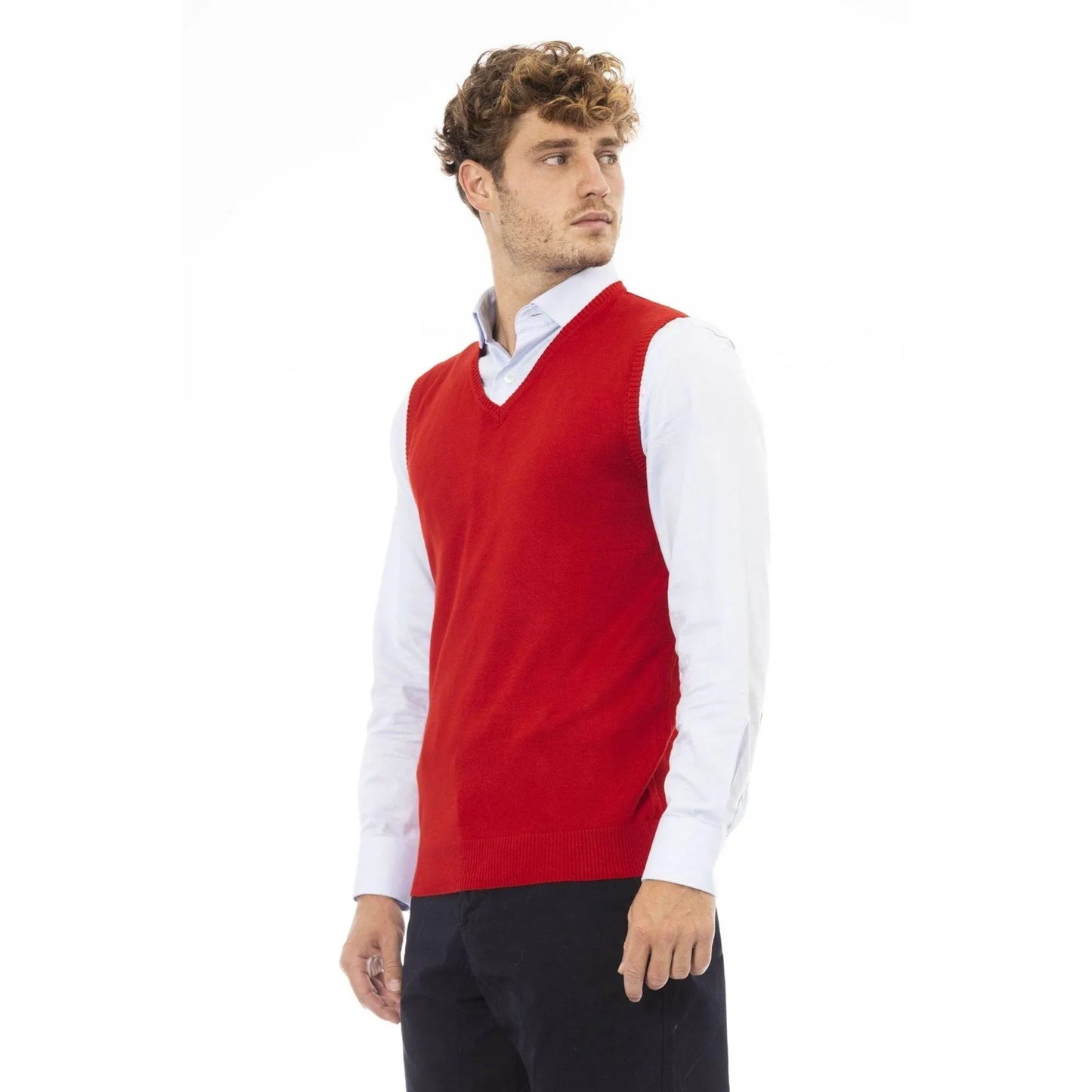 Men Sweater Vest - Lightweight - V-Neck Red -Guocali