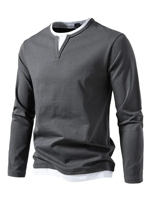 Men V-Neck Long-Sleeves T-Shirt – Stretchable - Gray, White -Guocali