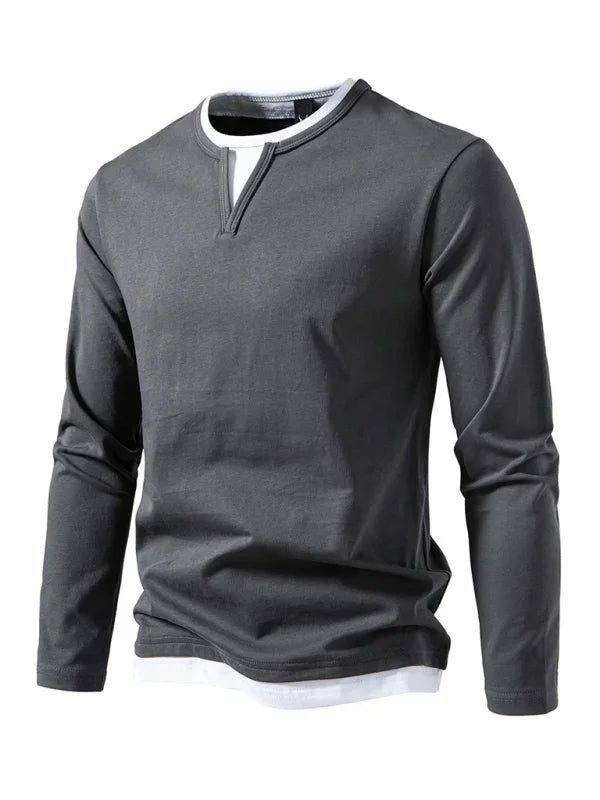 Men V-Neck Long-Sleeves T-Shirt – Stretchable - Gray, White -Guocali