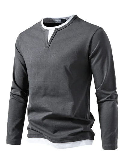 Men V-Neck Long-Sleeves T-Shirt – Stretchable - Gray, White -Guocali