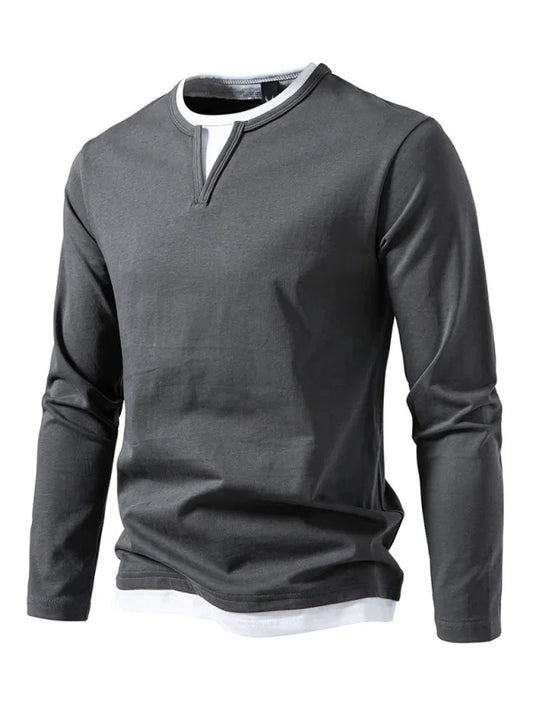 Men V-Neck Long-Sleeves T-Shirt – Stretchable - Gray, White -Guocali