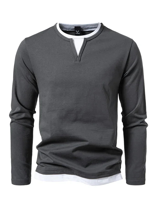 Men V-Neck Long-Sleeves T-Shirt – Stretchable - Gray, White -Guocali