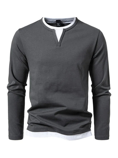 Men V-Neck Long-Sleeves T-Shirt – Stretchable - Gray, White -Guocali
