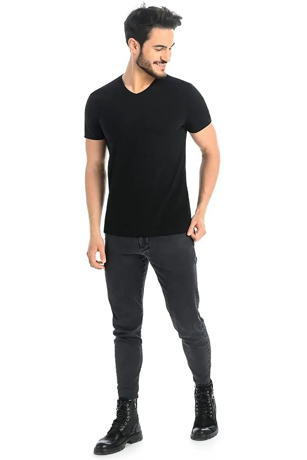 Men V-Neck Short-Sleeves T-Shirt – Stretchable - Black -Guocali