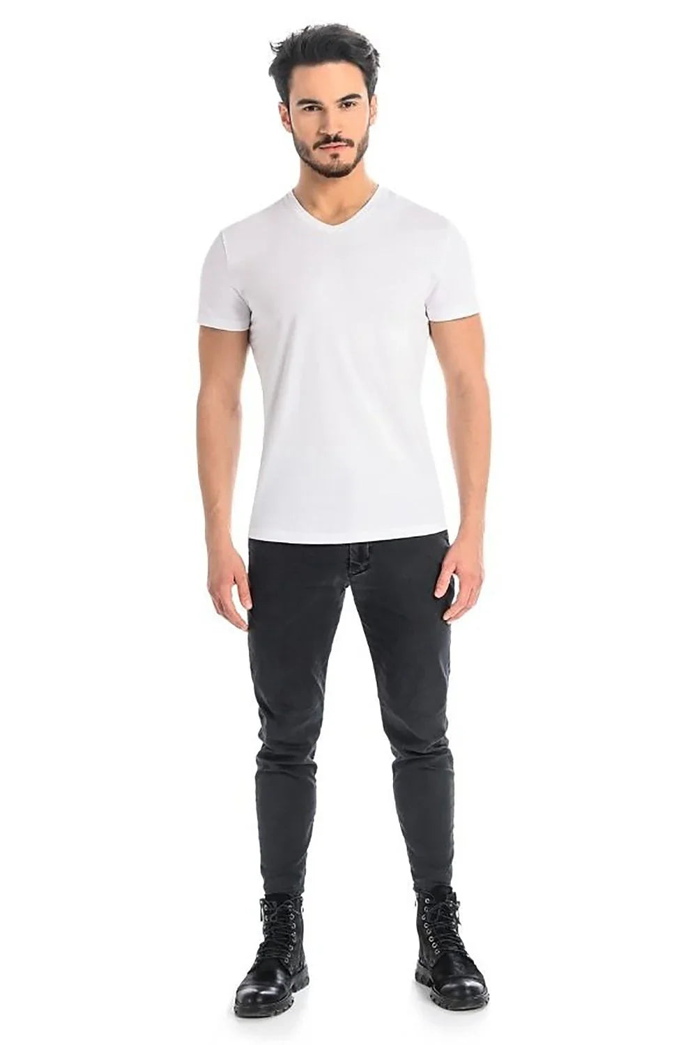 Men V-Neck Short-Sleeves T-Shirt – Stretchable - White -Guocali